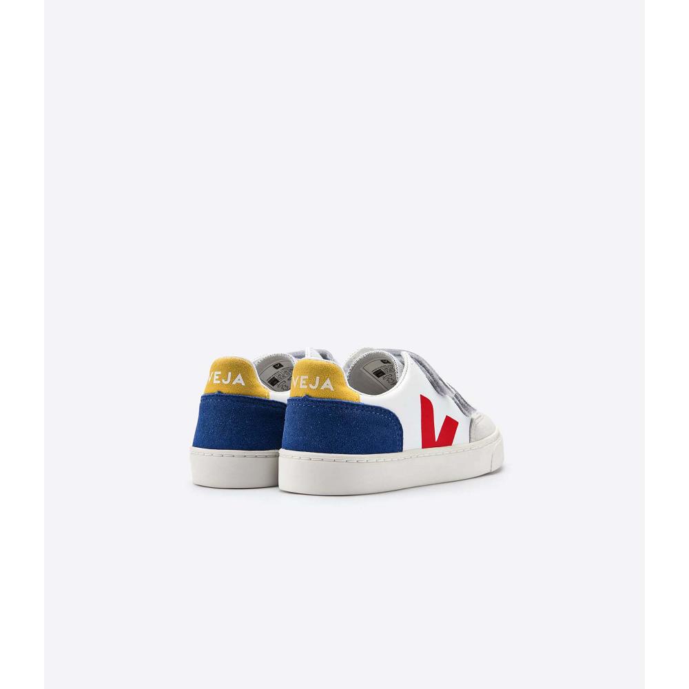 Kids' Veja V-12 LEATHER Sneakers White/Red/Blue | SG 881HAP